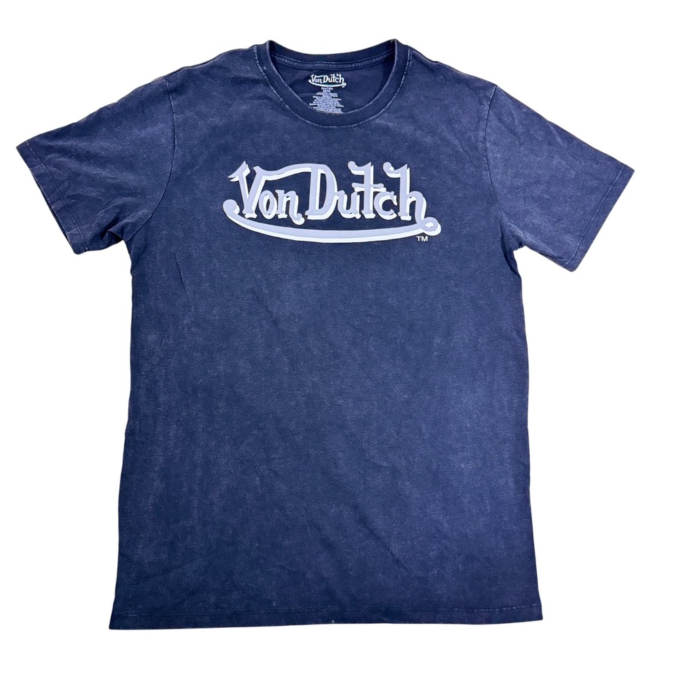 Von Dutch Men's Black Acid Wash Graphic T-Shirt Eye Wings Ascend Y2K Size M
